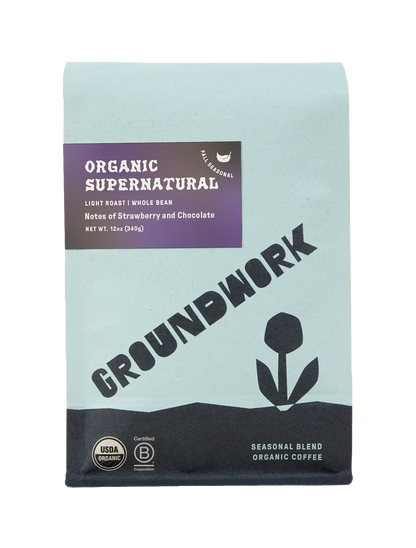 A bag of Groundwork Coffee Store’s Seasonal Select: Supernatural light roast whole bean coffee with chocolate and strawberry notes, USDA Organic.