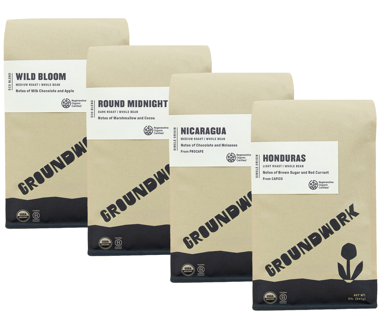 Four brown Groundwork Coffee bags labeled Regenerative Organic Certified® Coffee Bundle, featuring Honduras and Nicaragua coffees with unique names and flavor notes.