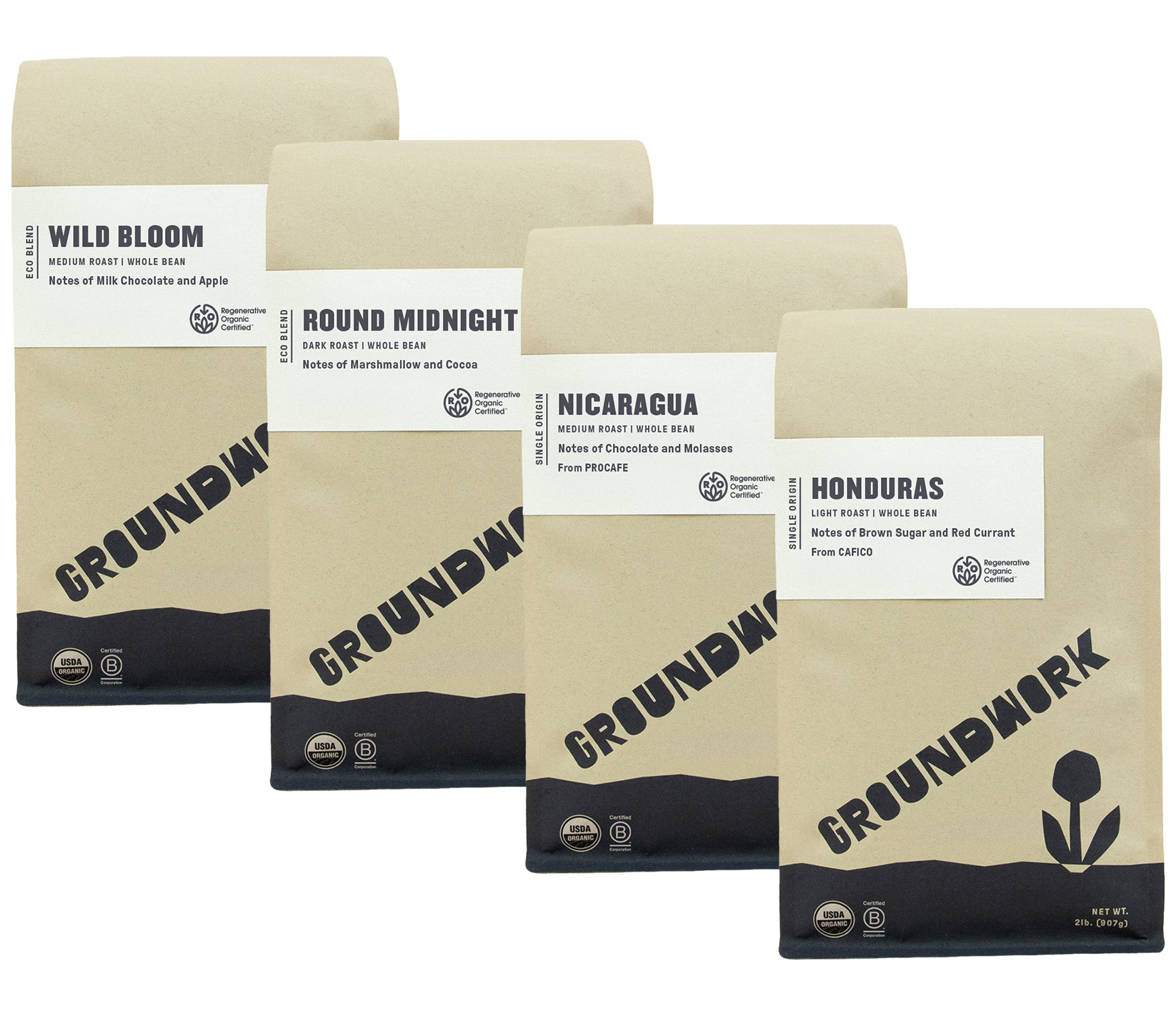 Four brown Groundwork Coffee bags labeled Regenerative Organic Certified® Coffee Bundle, featuring Honduras and Nicaragua coffees with unique names and flavor notes.