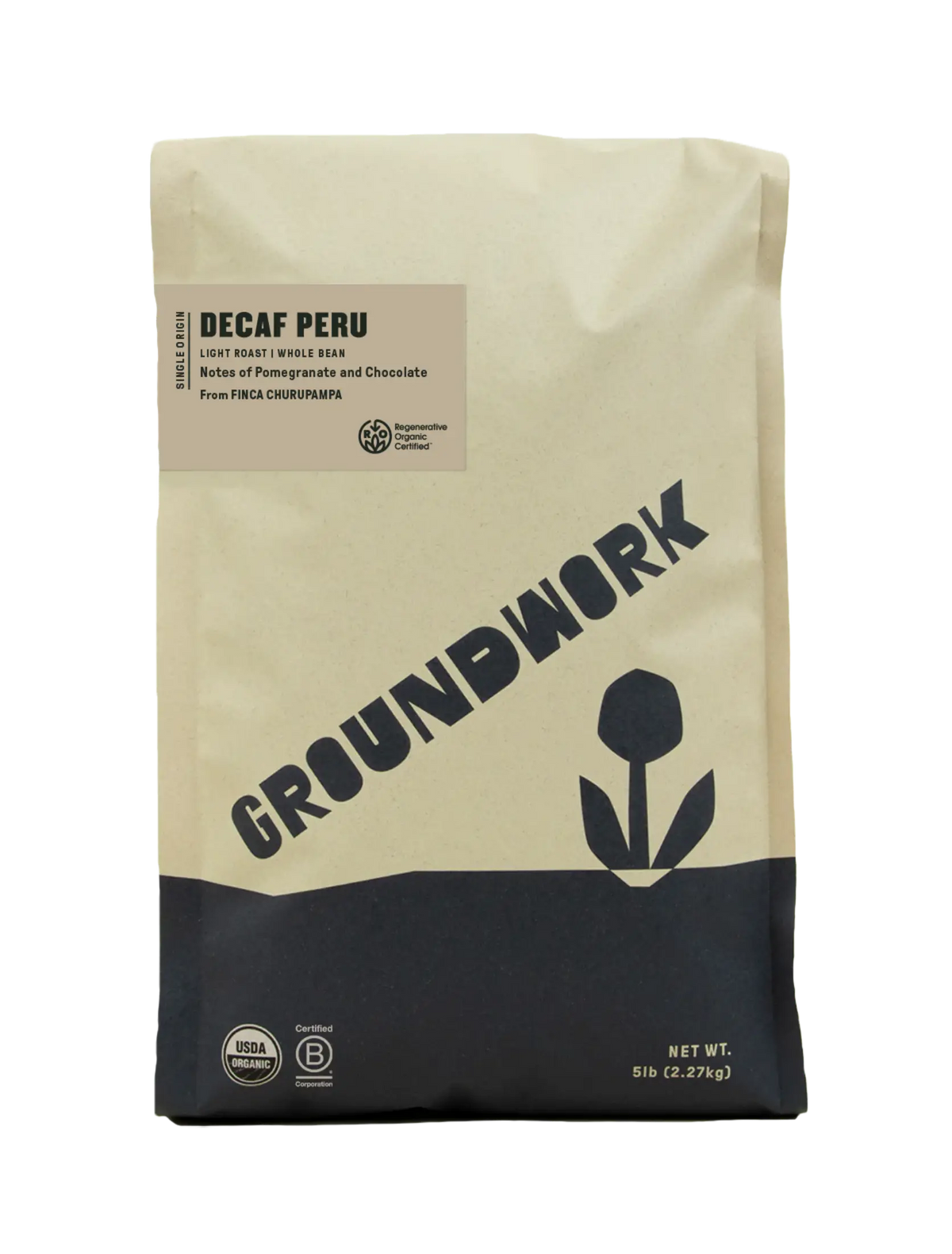 Five-pound bag of Regenerative Organic Certified® Decaf Peru whole bean coffee with a label listing notes of pomegranate and chocolate.