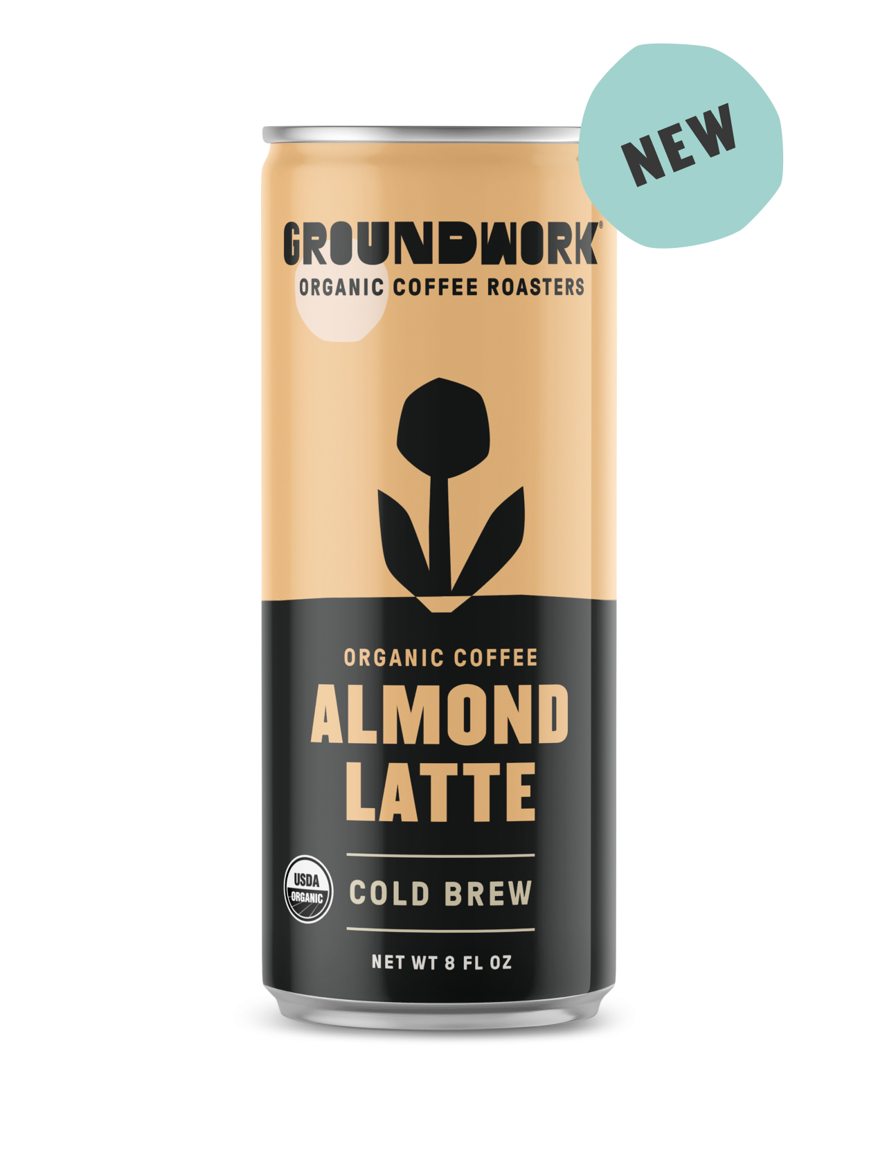 An 8 fl oz can of Groundwork Coffee Organic Cold Brew Latte with a NEW label, featuring a black and tan design with a stylized flower.