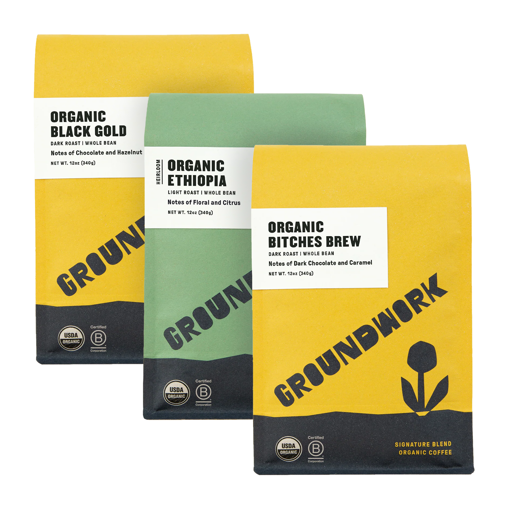 Groundwork Coffee’s Best-Sellers Coffee Bundle displays three colorful bags—Black Gold, Ethiopia, and Bitches Brew—with tasting notes and USDA organic logos.