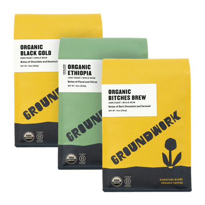 Groundwork Coffee’s Best-Sellers Coffee Bundle displays three colorful bags—Black Gold, Ethiopia, and Bitches Brew—with tasting notes and USDA organic logos.