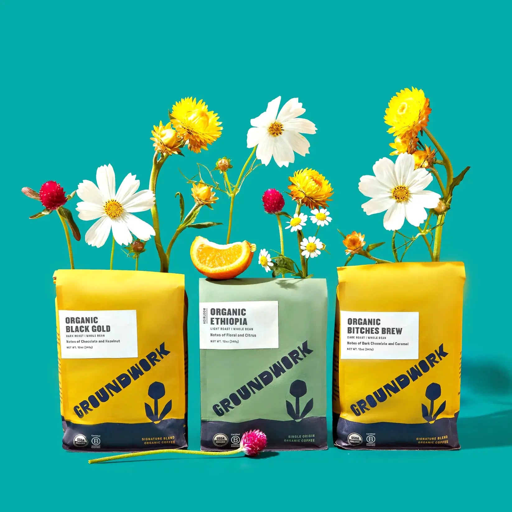 Three vibrant bags from the Best-Sellers Coffee Bundle by Groundwork Coffee burst with flowers and an orange wedge, each featuring a unique organic blend on a turquoise background.