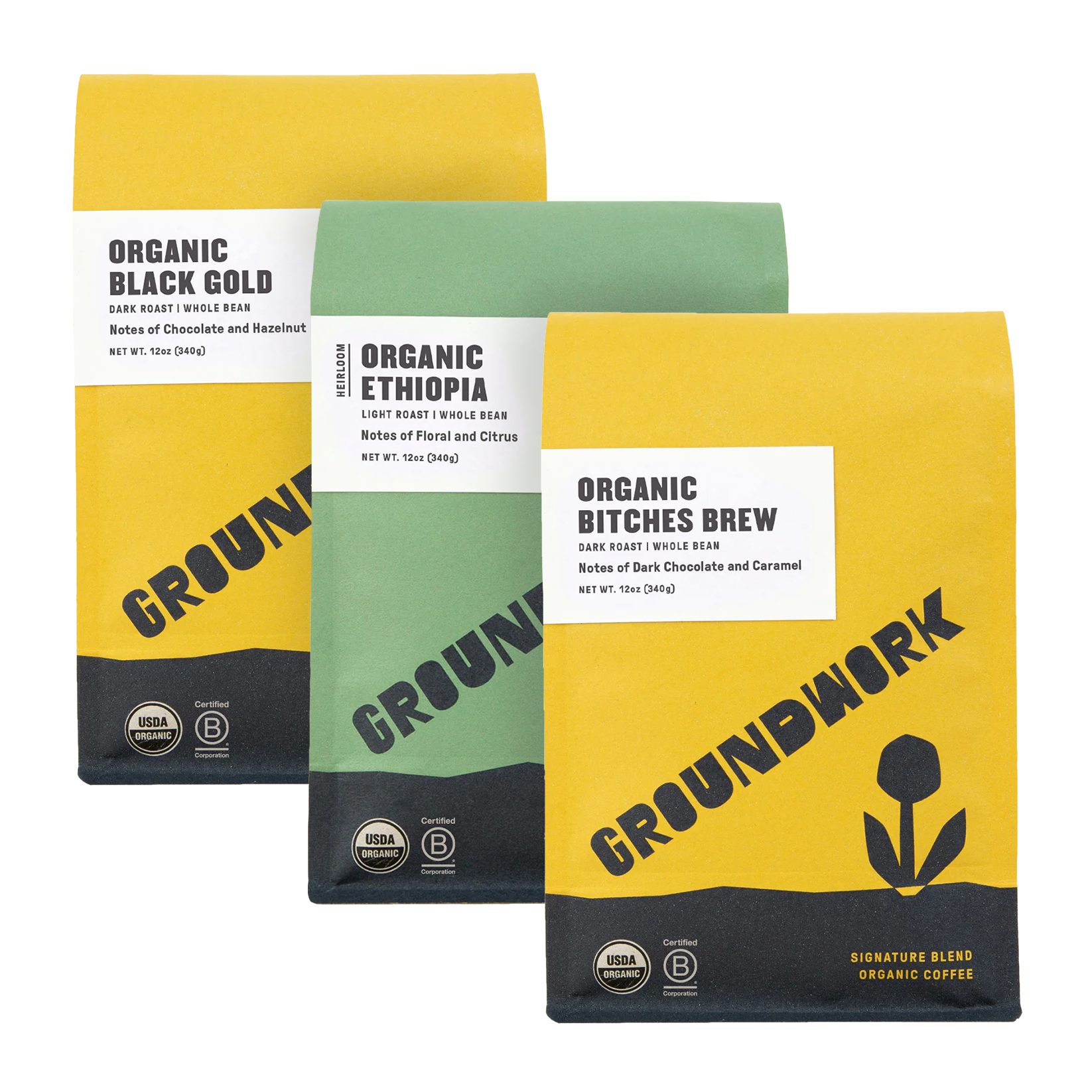 Groundwork Coffee’s Best-Sellers Coffee Bundle includes 3 certified organic coffees, each with unique tasting notes.