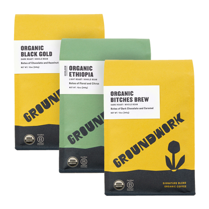 Groundwork Coffee’s Best-Sellers Coffee Bundle includes 3 certified organic coffees, each with unique tasting notes.
