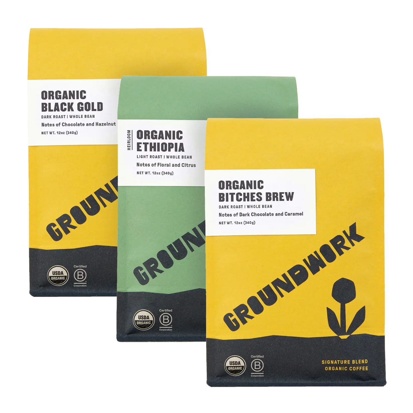 The Best-Sellers Coffee Bundle from Groundwork Coffee includes Black Gold, Ethiopia, and Bitches Brew—three organic coffees in vibrant packaging with rich flavor notes.