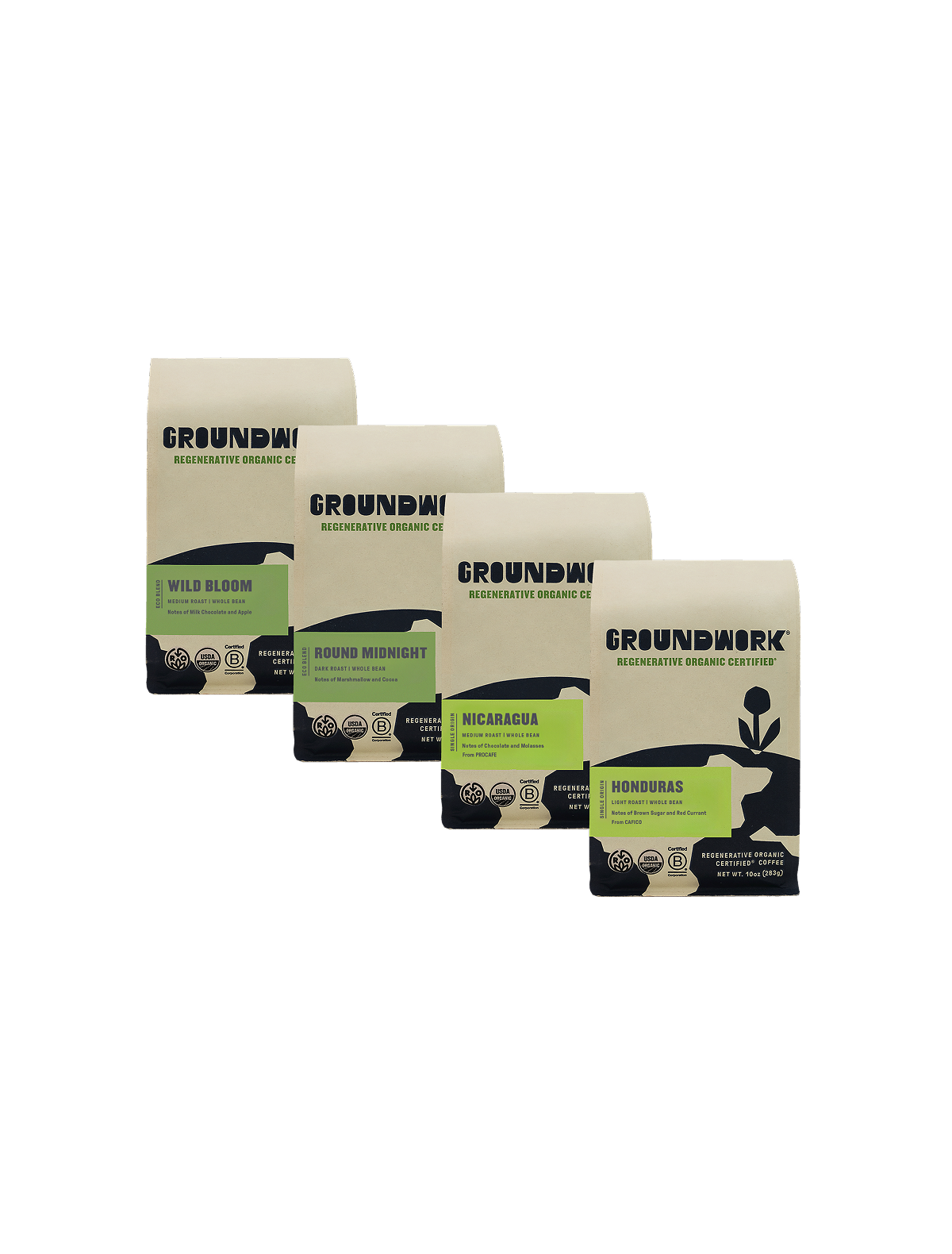 Four Groundwork Coffee bags from the Regenerative Organic Certified® Coffee Bundle, including Honduras and Nicaragua varieties, each in minimalist beige and black packaging.