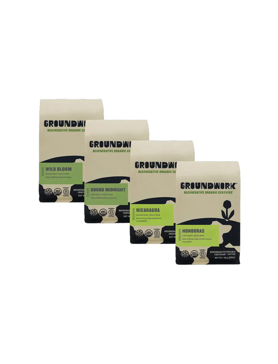 Four Groundwork Coffee bags from the Regenerative Organic Certified® Coffee Bundle, including Honduras and Nicaragua varieties, each in minimalist beige and black packaging.