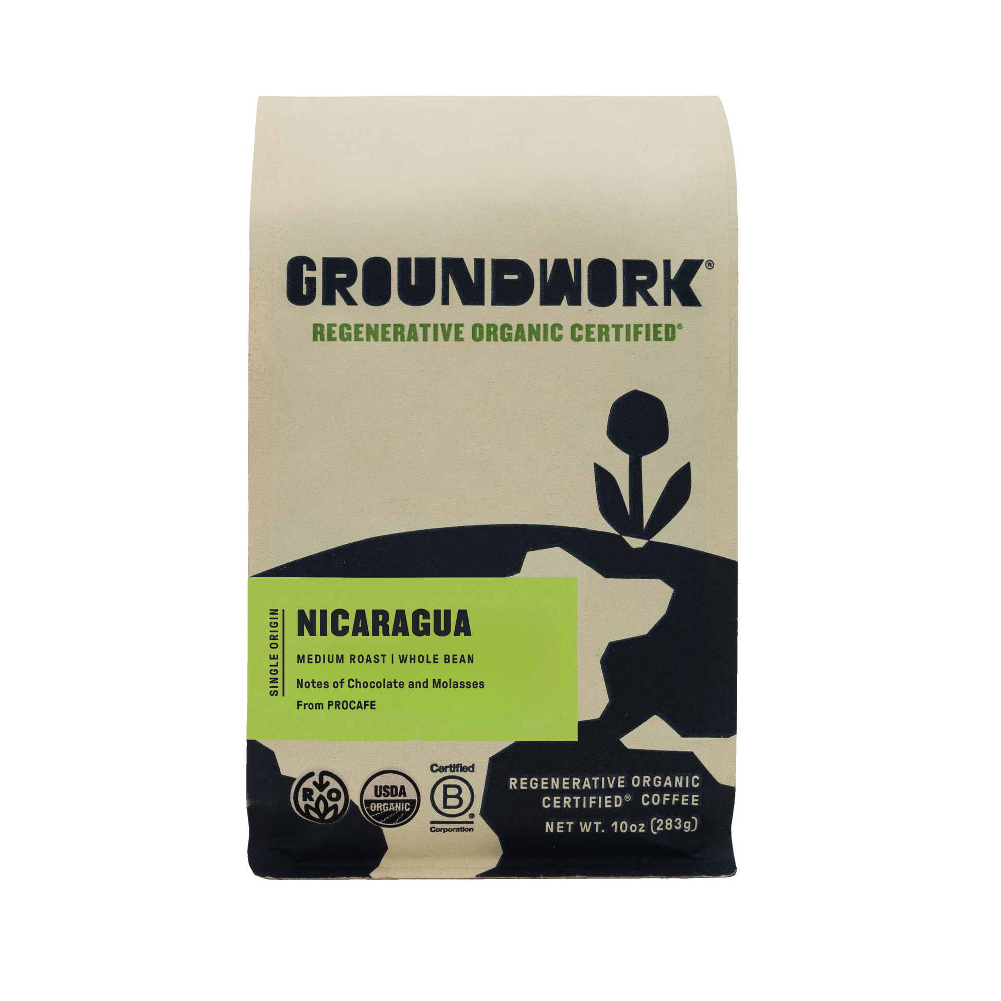 Groundwork Coffee's Regenerative Organic Certified® Nicaragua PROCAFE offers rich chocolate notes and a hint of molasses in every medium roast cup.