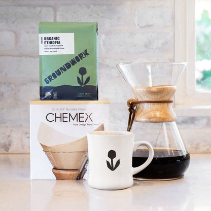 The Groundwork Coffee Chemex Starter Bundle includes a Chemex coffee maker, filters, fresh brew, and Organic Ethiopia coffee.