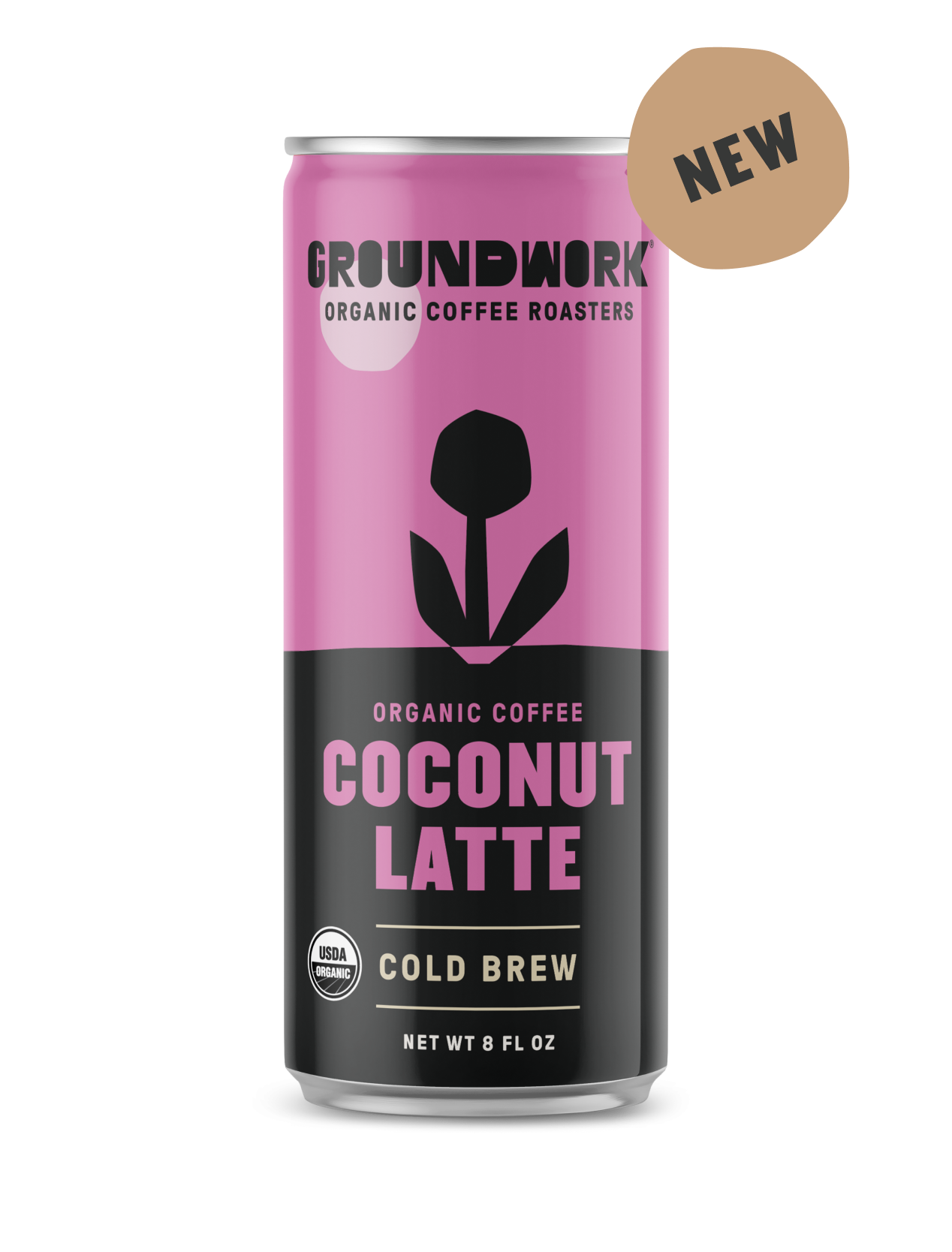 A can of Groundwork Coffee Organic Cold Brew Latte with a pink and black label and a NEW badge in the top right corner.
