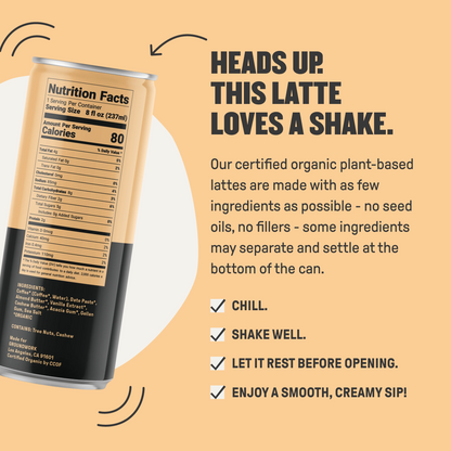 A can of Groundwork Coffee Organic Cold Brew Latte displays nutrition facts and ingredients, with tips to chill, shake well, let rest, and enjoy a smooth, creamy sip.