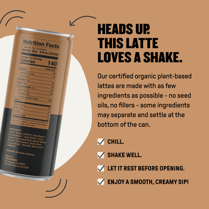 A can of Groundwork Coffee Organic Cold Brew Latte with nutrition facts stands next to bold “Shake Before Drinking” text and a checklist of tips for enjoying this certified organic drink.