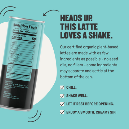 Groundwork Coffee Organic Cold Brew Latte: plant-based, low sugar, certified organic, creamy latte with nutrition facts and shaking instructions on a teal background.