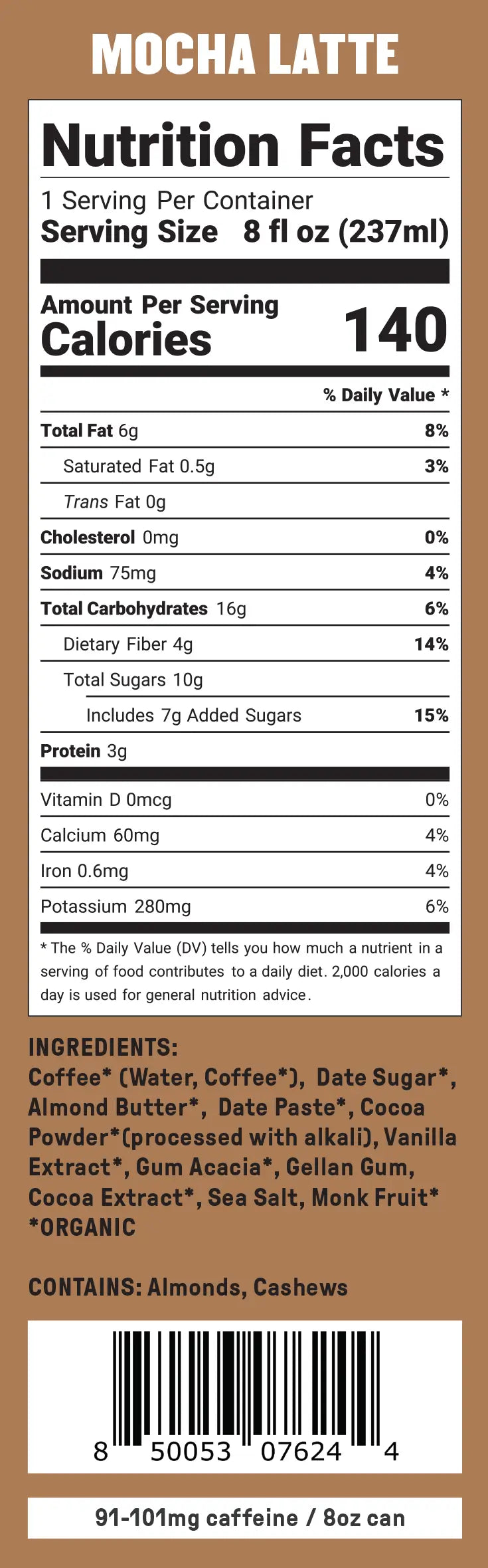 Nutrition label for Groundwork Coffee Organic Cold Brew Latte, with calories, nutrients, ingredients, allergens, and 91–101mg caffeine per 8oz. Brown background.