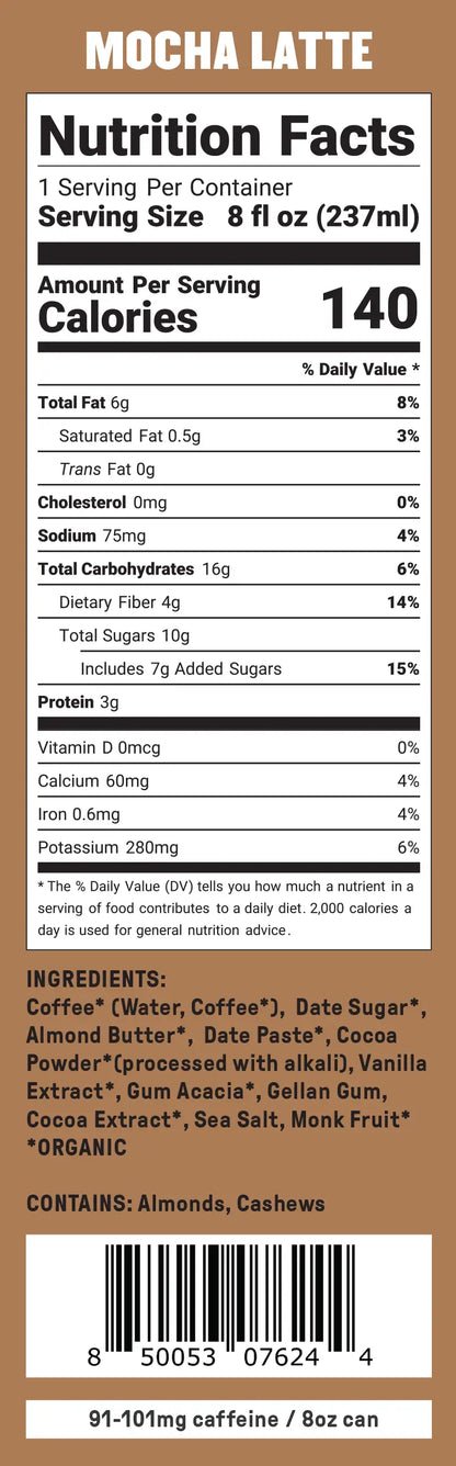 Nutrition label for Groundwork Coffee Organic Cold Brew Latte, with calories, nutrients, ingredients, allergens, and 91–101mg caffeine per 8oz. Brown background.
