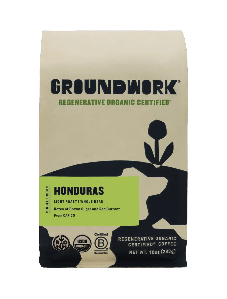 A beige bag of Groundwork Coffee Regenerative Organic Certified® Honduras CAFICO whole bean, with brown sugar and red currant notes.
