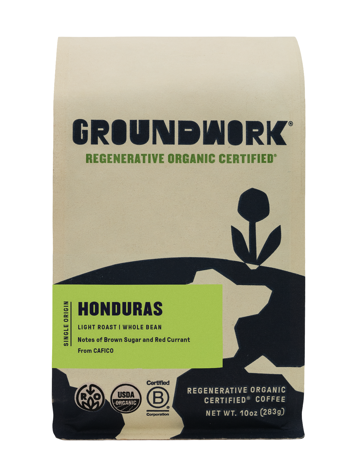 A beige bag of Groundwork Coffee Regenerative Organic Certified® Honduras CAFICO whole bean, with brown sugar and red currant notes.