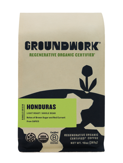 A beige bag of Groundwork Coffee Regenerative Organic Certified® Honduras CAFICO whole bean, with brown sugar and red currant notes.