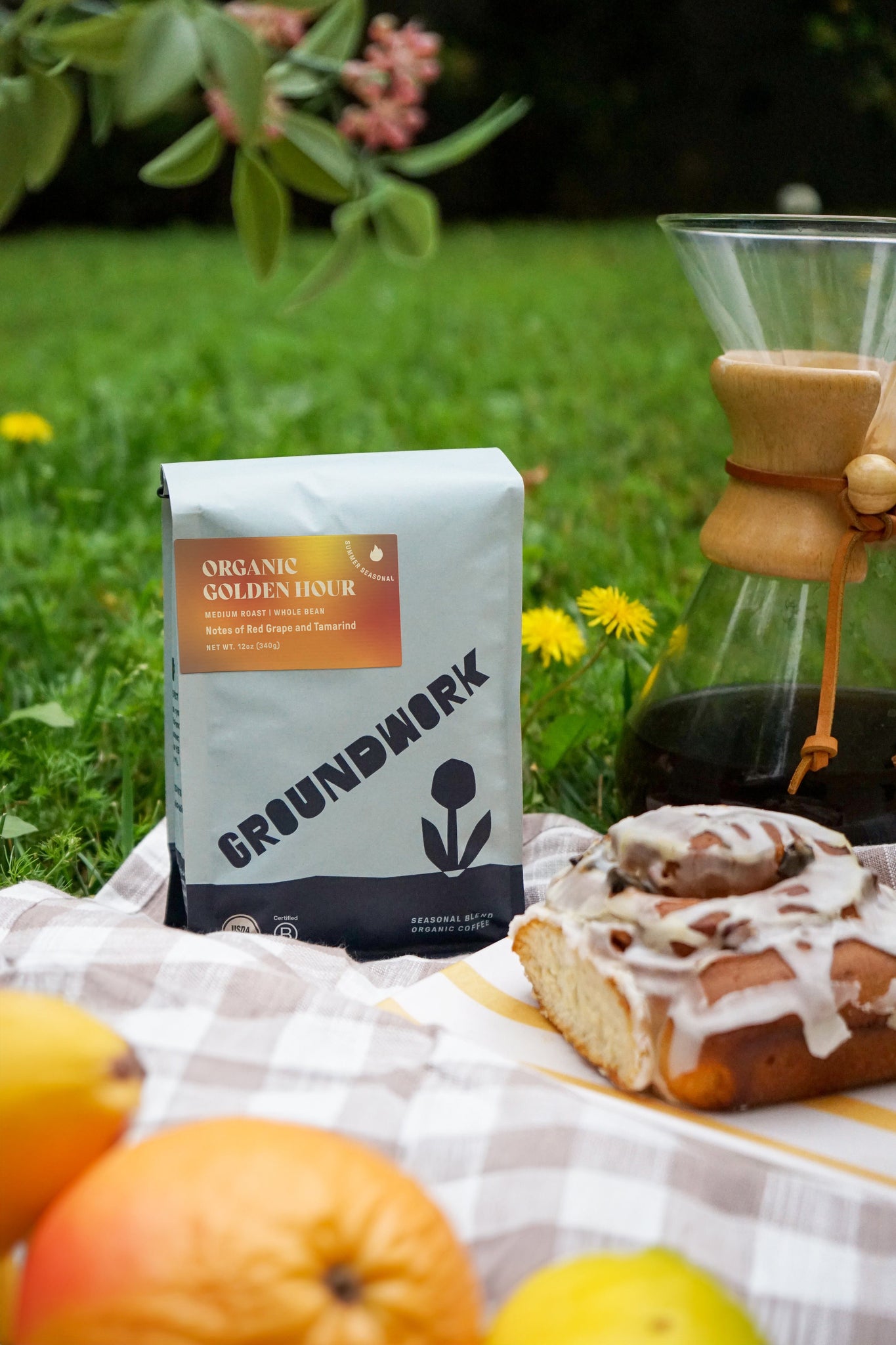 A bag of Groundwork Organic Golden Hour seasonal coffee sits on a checkered picnic blanket in the grass, surrounded by citrus fruits, a cinnamon roll with icing, and a Chemex coffee maker filled with brewed coffee. Yellow dandelions appear in the background.