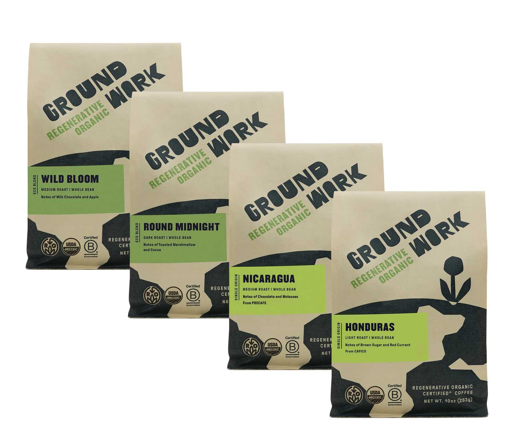 Four bags of Groundwork Organic Coffee displayed in a row. Each kraft paper bag features a green label and black graphics with the Groundwork logo. The blends shown are Wild Bloom (medium roast, notes of milk chocolate and apple), Round Midnight (dark roast, notes of toasted marshmallow and cocoa), Nicaragua (medium roast, notes of chocolate and molasses), and Honduras (light roast, notes of brown sugar and red currant). All bags are certified organic and Regenerative Organic Certified.