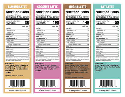 Four unique-colored nutrition labels for Organic Cold Brew Latte by Groundwork Coffee—Almond, Coconut, Mocha, and Oat—list calories and nutrition per 8oz can. Includes Low Sugar options.