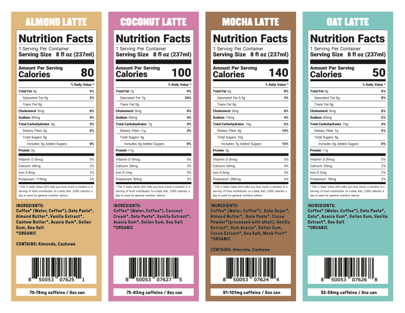 Four nutrition labels for Groundwork Coffee Organic Cold Brew Latte—almond, coconut, mocha, and oat—show low sugar calories, ingredients, and caffeine per 8 oz can in colored sections.