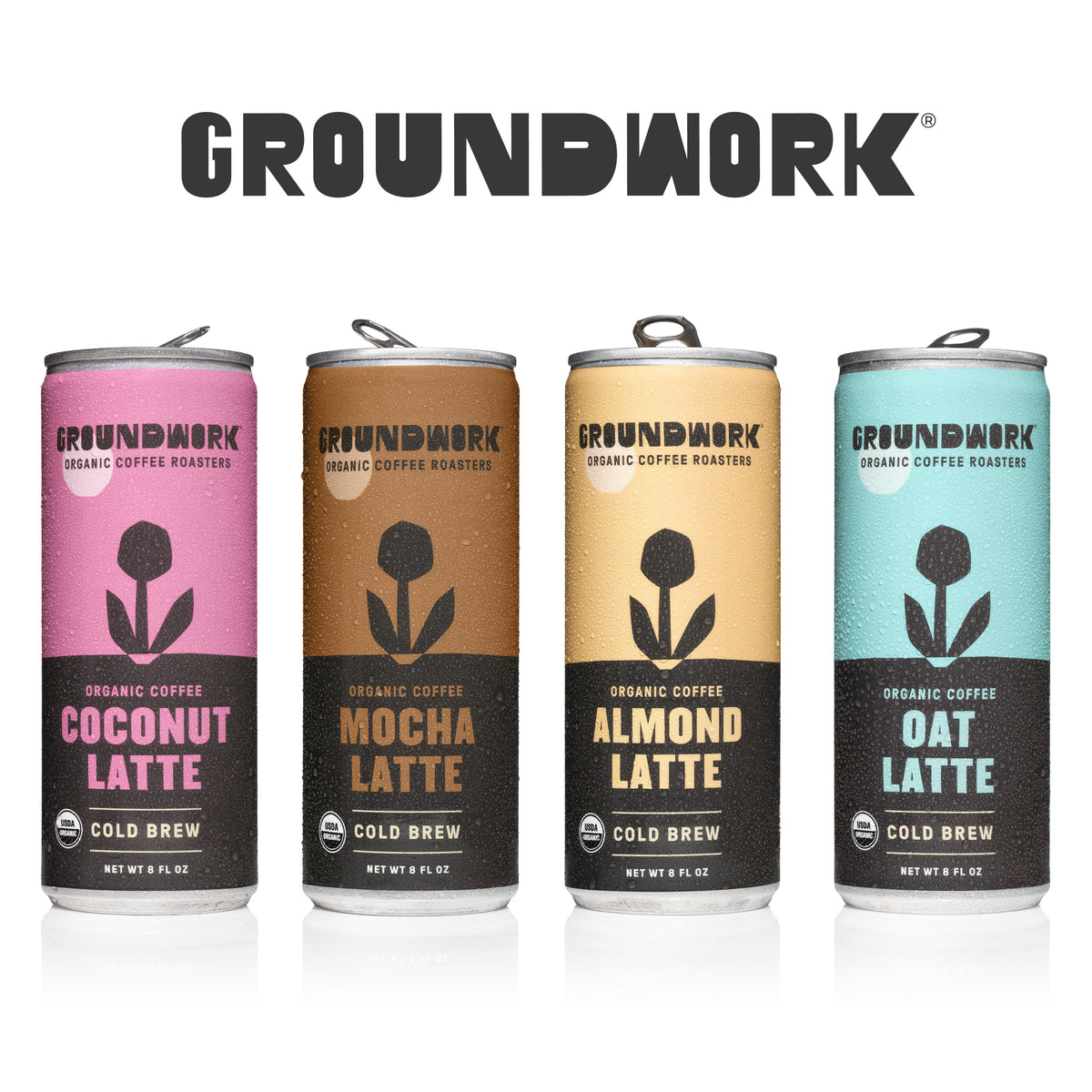 Four Organic Cold Brew Latte cans—Coconut, Mocha, Almond, and Oat—displayed under the Groundwork Coffee logo on a white background.