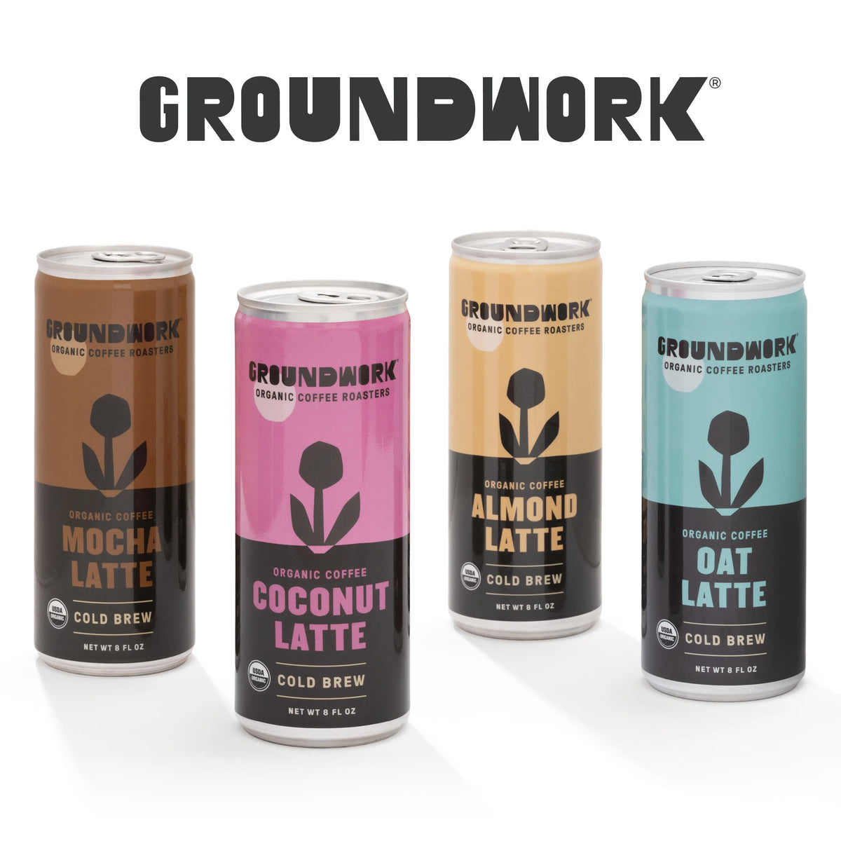 Four cans of Groundwork Coffee Organic Cold Brew Latte—Mocha, Coconut, Almond, and Oat—stand together under the logo on a white background.