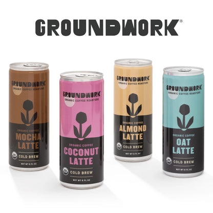 Four cans of Groundwork Coffee Organic Cold Brew Latte—Mocha, Coconut, Almond, and Oat—stand together under the logo on a white background.