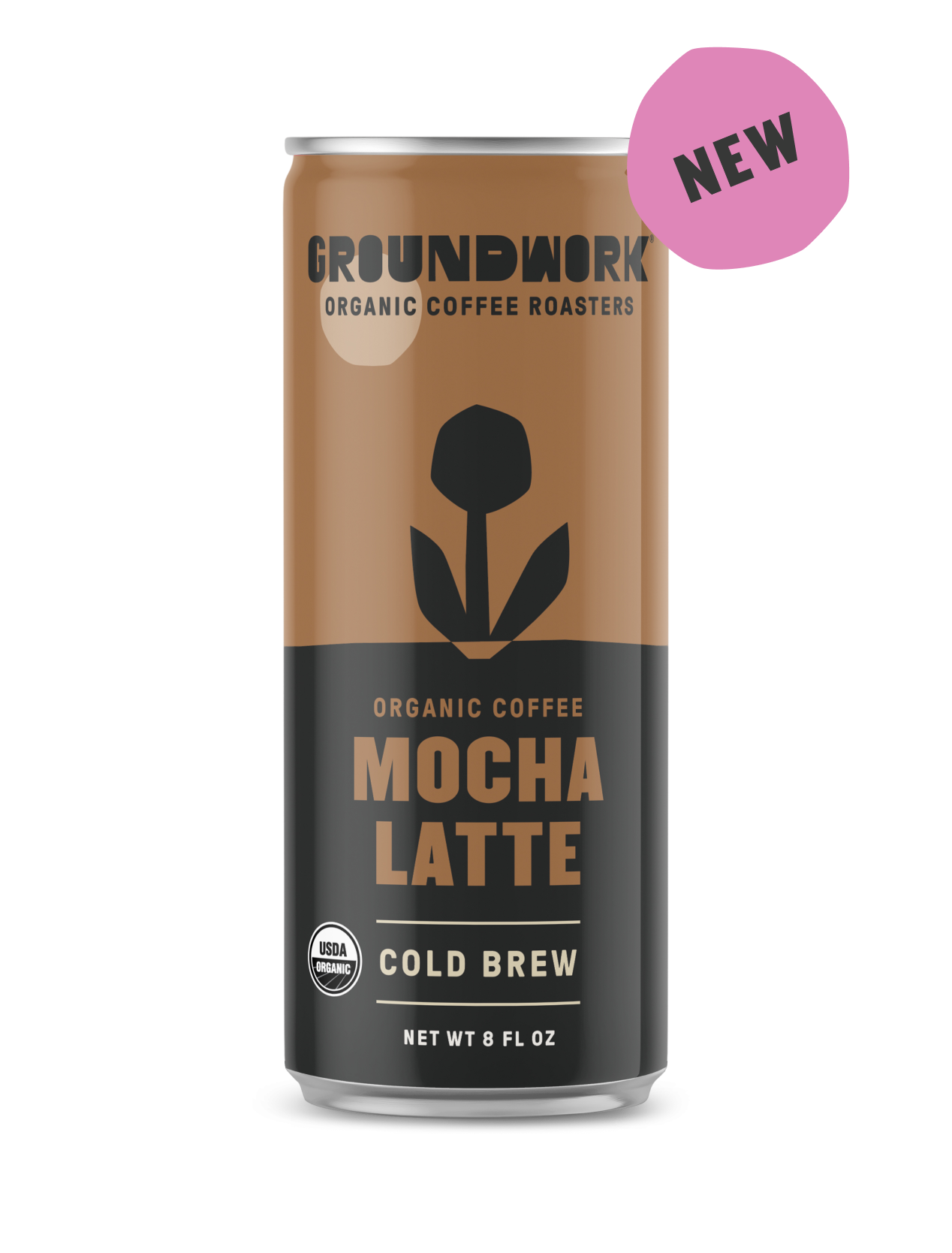 An 8 fl oz can of Groundwork Coffee Organic Cold Brew Latte with a black flower graphic and a pink "NEW" label in the top right corner.