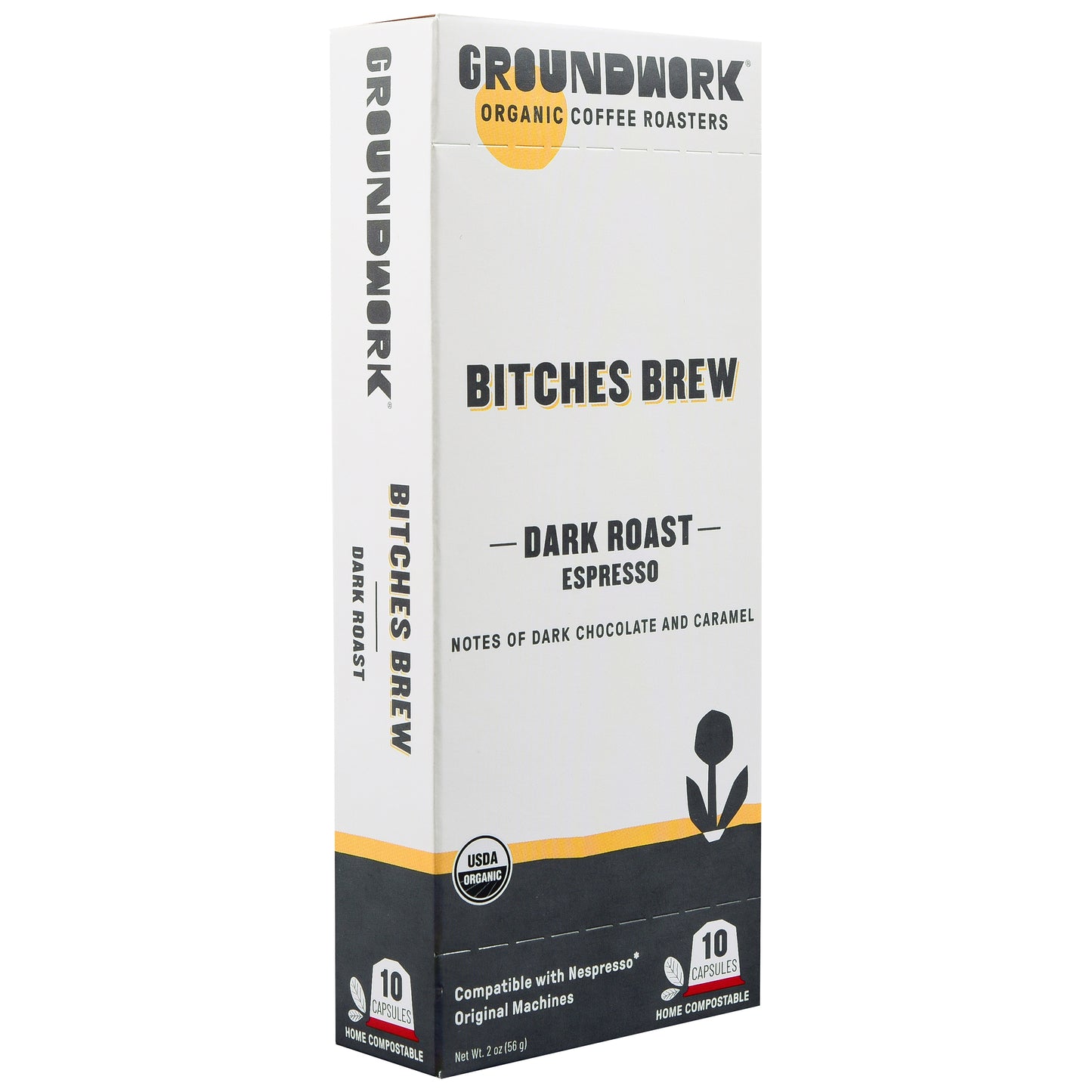 A box of Groundwork Coffee Organic Bitches Brew Nespresso contains 10 compostable pods with dark chocolate and caramel notes.
