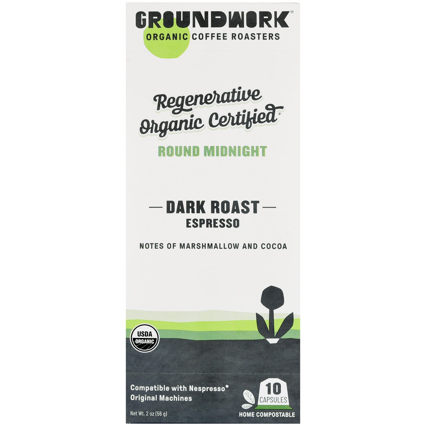 Groundwork Coffee Regenerative Organic Certified® Round Midnight dark roast Nespresso capsules, home compostable, marshmallow & cocoa notes, 10 count.