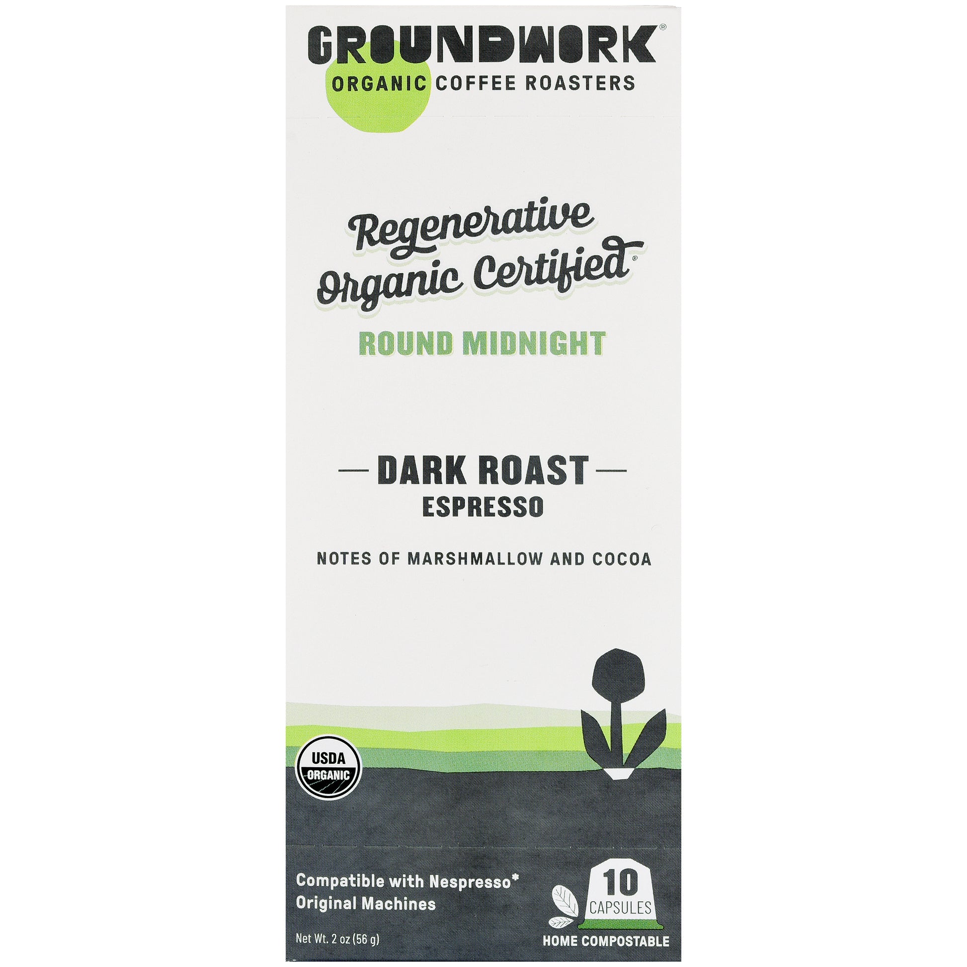 Groundwork Coffee Regenerative Organic Certified® Round Midnight dark roast Nespresso capsules, home compostable, marshmallow & cocoa notes, 10 count.