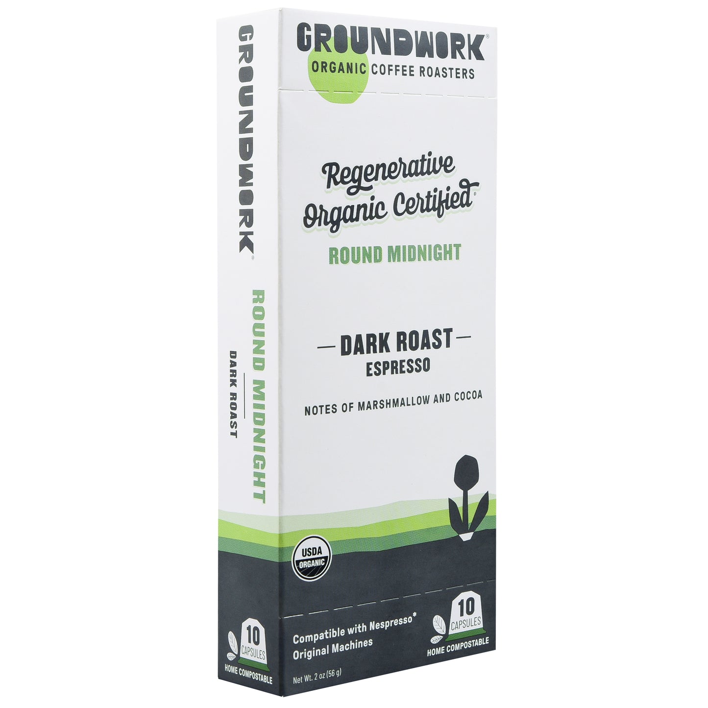 A box of Groundwork Coffee Regenerative Organic Certified® Round Midnight Nespresso capsules—10 home compostable pods with marshmallow and cocoa notes.