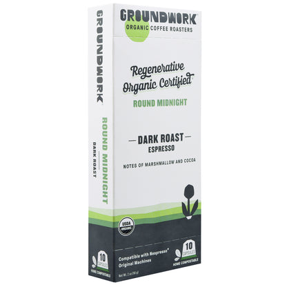 A box of Groundwork Coffee Regenerative Organic Certified® Round Midnight Nespresso capsules—10 home compostable pods with marshmallow and cocoa notes.