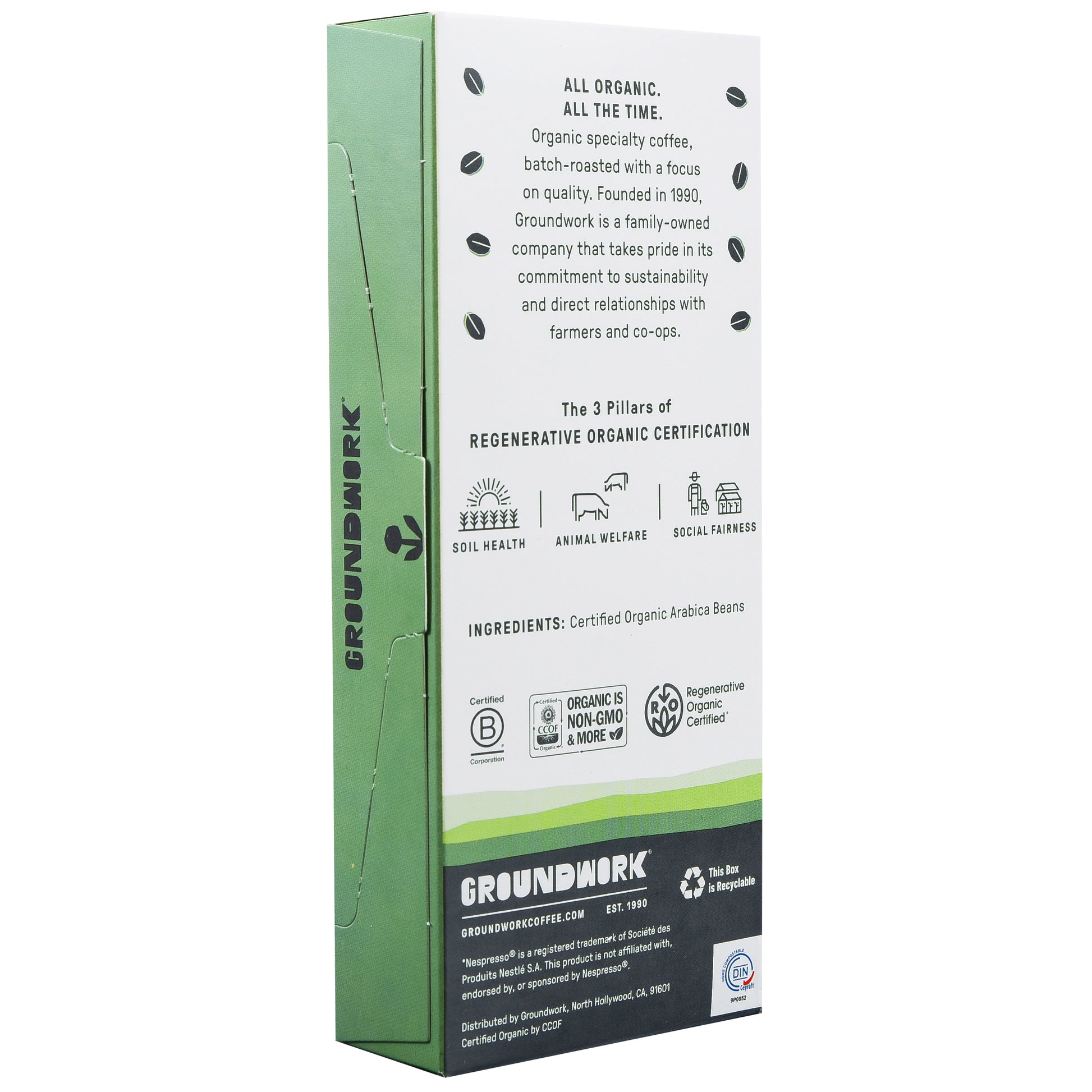 Groundwork Coffee’s Regenerative Organic Certified® Round Midnight – Nespresso features organic Arabica beans and home-compostable, Nespresso-compatible capsules.