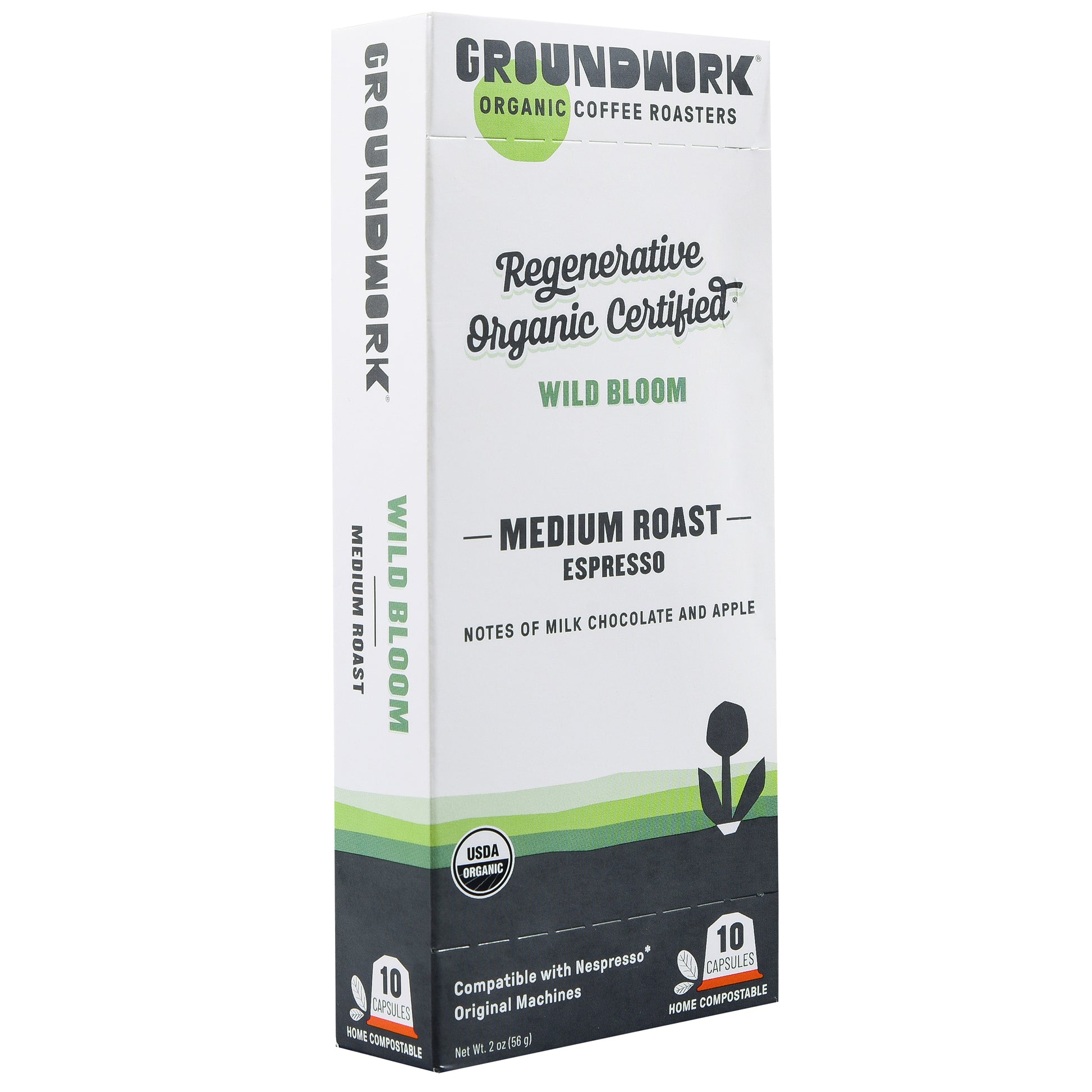 Box of Groundwork Coffee Regenerative Organic Certified® Wild Bloom - Nespresso, 10 compostable pods, USDA Organic with compostable capsule labels.