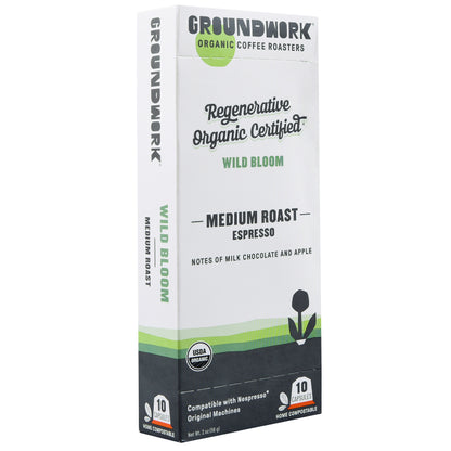 Box of Groundwork Coffee Regenerative Organic Certified® Wild Bloom - Nespresso, 10 compostable pods, USDA Organic with compostable capsule labels.