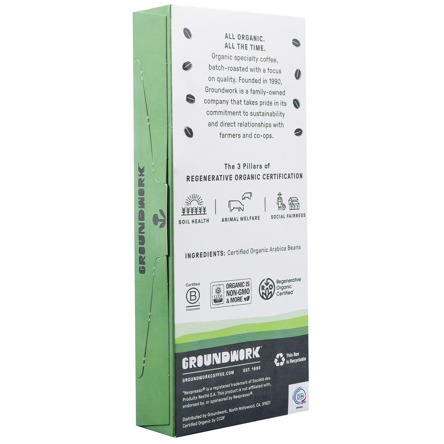 Back of Groundwork Coffee's Regenerative Organic Certified® Wild Bloom - Nespresso highlights eco practices and now offers compostable pods for sustainable brewing.