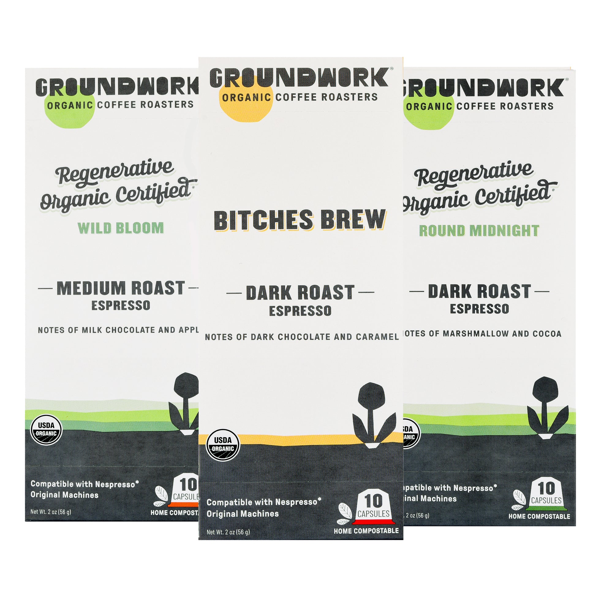 Groundwork Coffee’s Nespresso Variety Pack includes three boxes of regenerative organic, compostable espresso capsules in Wild Bloom, Bitches Brew, and Round Midnight.