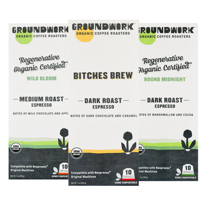 Groundwork Coffee’s Nespresso Variety Pack includes three boxes of regenerative organic, compostable espresso capsules in Wild Bloom, Bitches Brew, and Round Midnight.