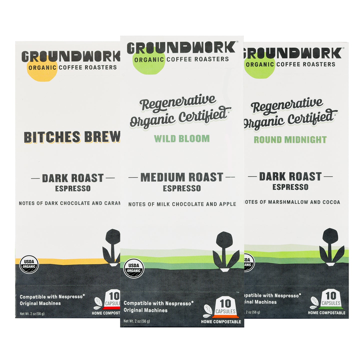Groundwork Coffee's Nespresso Variety Pack includes three boxes of organic, compostable espresso capsules with roast level and flavor notes on the front.