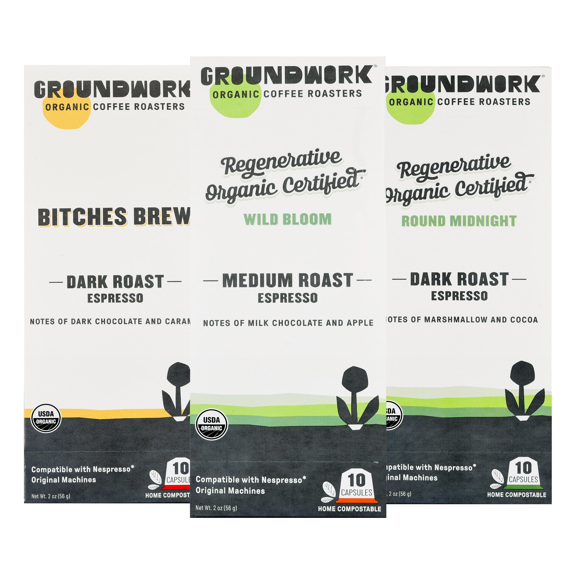 Groundwork Coffee's Nespresso Variety Pack includes three boxes of organic, compostable espresso capsules with roast level and flavor notes on the front.