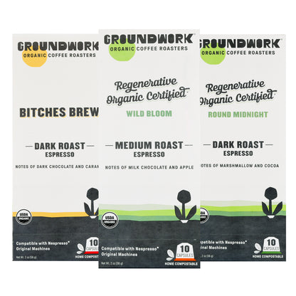 Groundwork Coffee's Nespresso Variety Pack includes three boxes of organic, compostable espresso capsules with roast level and flavor notes on the front.