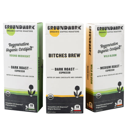 Groundwork Coffee Nespresso Variety Pack: three boxes of regenerative organic pods, labeled with roast type and flavor notes.