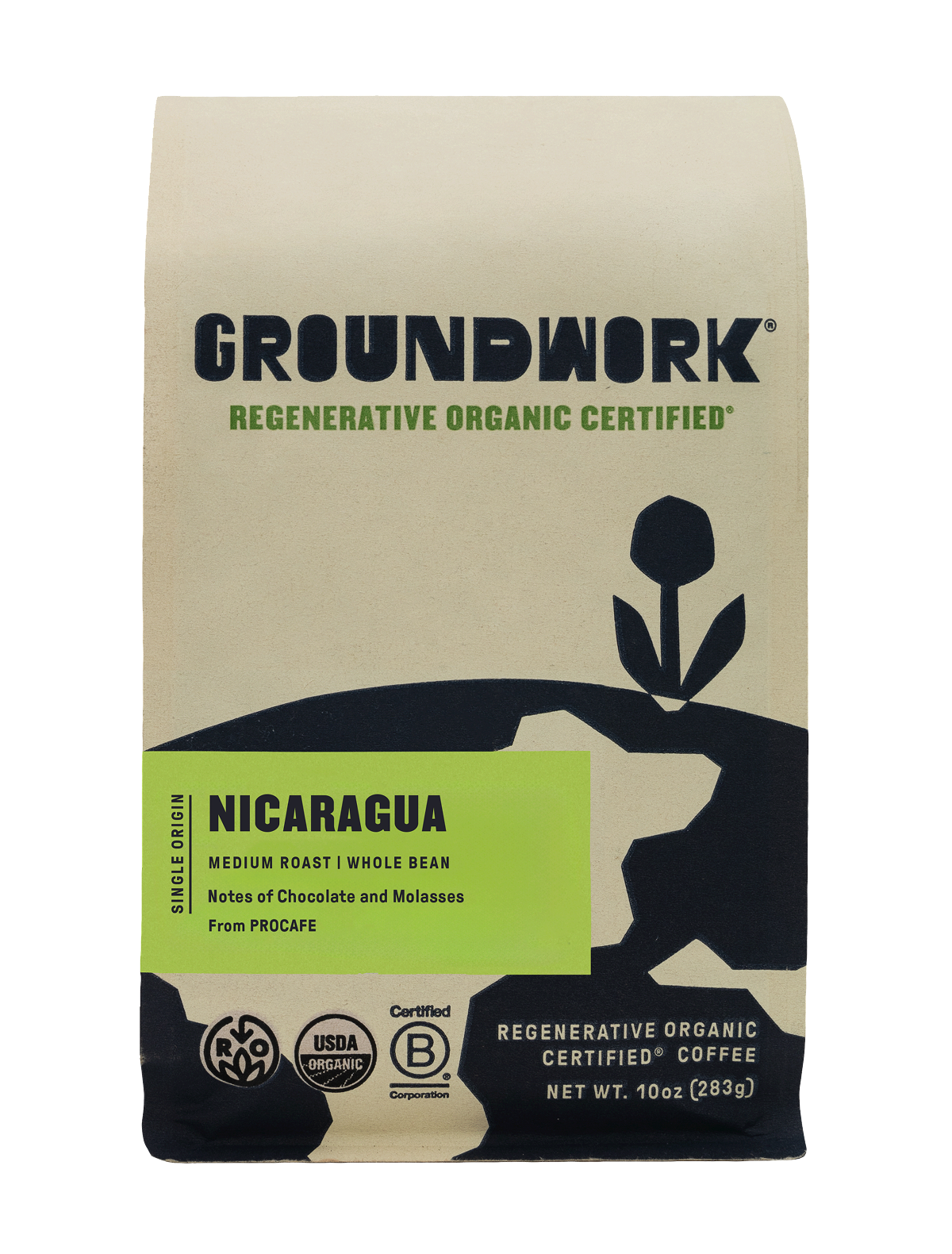 Groundwork Coffee’s Regenerative Organic Certified® Nicaragua PROCAFE comes in a beige bag with black art, a green label, and notes of molasses and chocolate.