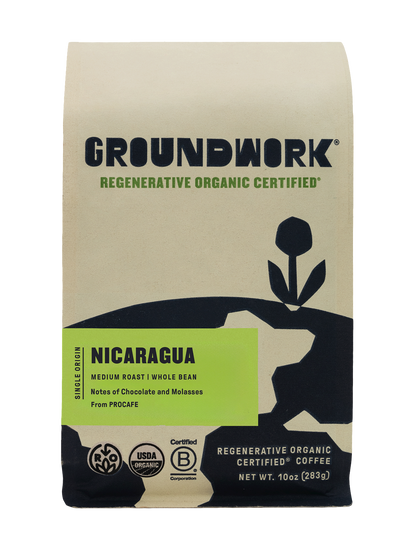Groundwork Coffee’s Regenerative Organic Certified® Nicaragua PROCAFE comes in a beige bag with black art, a green label, and notes of molasses and chocolate.