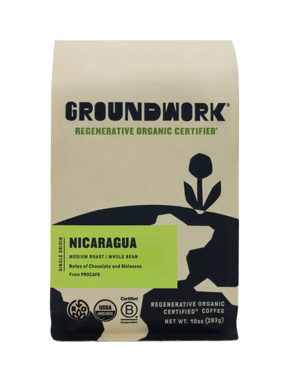 Groundwork Coffee’s Regenerative Organic Certified® Nicaragua PROCAFE comes in a beige bag with black art, a green label, and notes of molasses and chocolate.